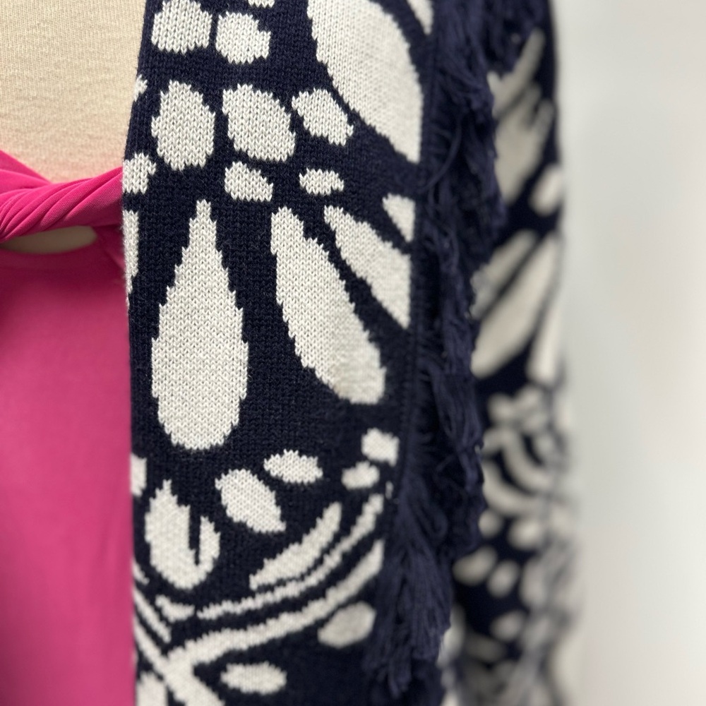 Boden Navy and White Fringed Jacquard Open Topper Cardigan - Picture 6 of 9